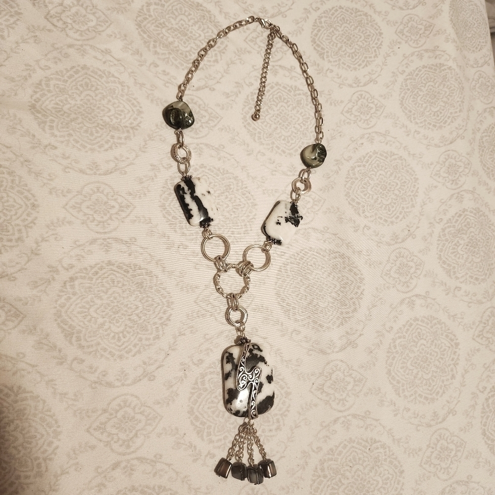Silver Tone Zebra Agate Stone & Shell Necklace w Extention Tassel Lobster Claw